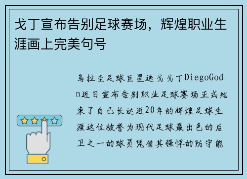 戈丁宣布告别足球赛场,辉煌职业生涯画上完美句号 戈丁宣布告别足球赛场,辉煌职业生涯画上完美句号